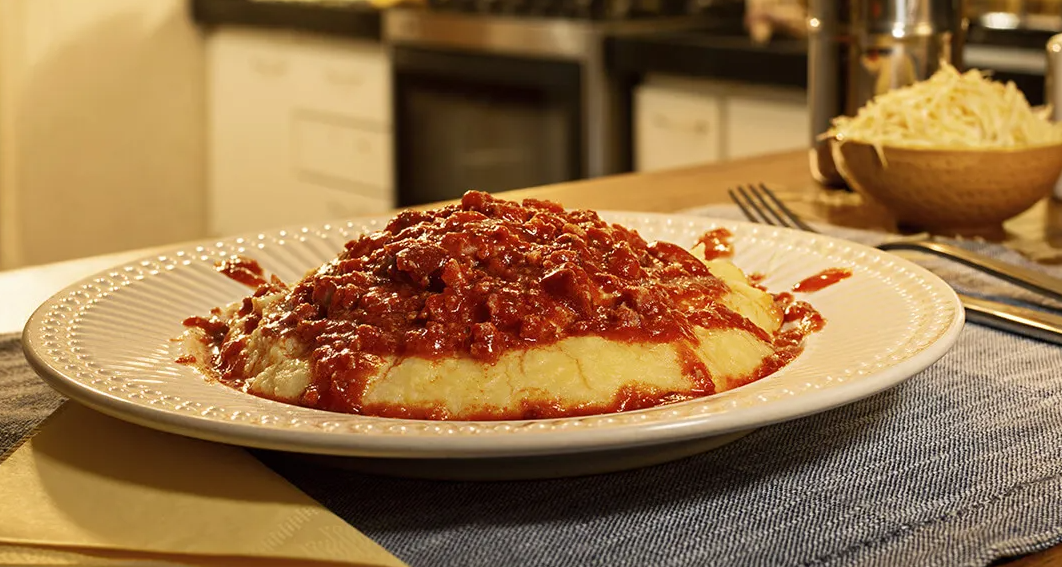 Polenta cremosa de milho com molho de linguiça: o conforto que você merece.