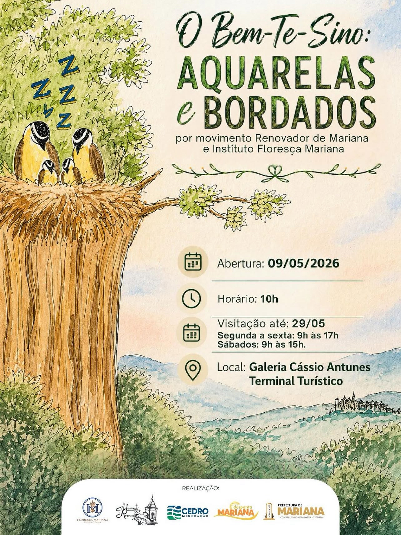 Exposição em Mariana transforma tradição dos sinos em aquarelas e bordados